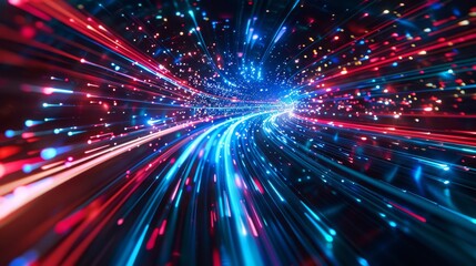 Glossy black planes intersected by vivid red and blue neon lines, depicting a high-speed data network in motion