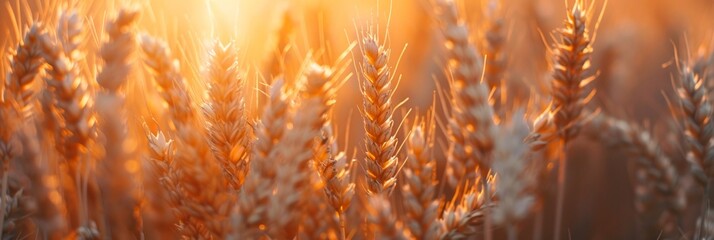 Abstract background of golden wheat ear in field with warm sunlight