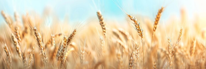 Fototapeta premium Abstract background of golden wheat ear in field with blue sky