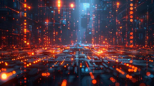 A high-tech background of cascading digital code and glowing symbols in a cyberpunk aesthetic