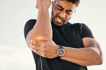 Man, injury and red glow with pain on shoulder after workout, sports and training or fitness. Athlete, arm and muscle problem with medical emergency for ache after exercise and uncomfortable strain