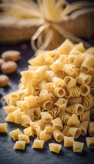 Close-up of uncooked pasta scattered in a pile. World Pasta Day.