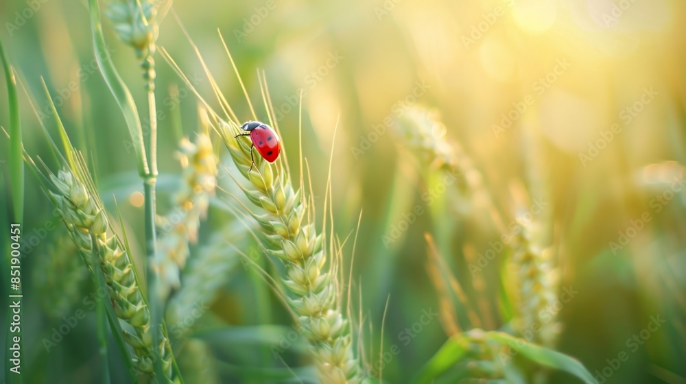 Canvas Prints A red ladybug in abstract background of green young wheat ear in field