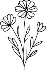 This is an illustration of flowers in a simple and modern line art style. The image features various types of flowers with different shapes and sizes, each with unique petal and leaf details.