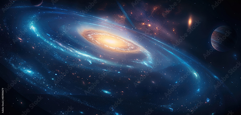 Poster two blue galaxies swirl around each other, with many small white and cyan planets flying in front of
