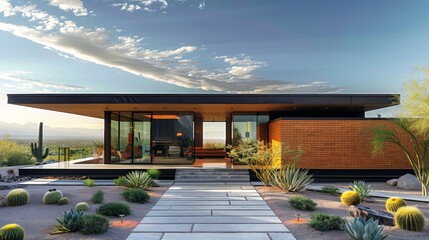 Obraz premium A single story modern home with brick cladding, loosely inspired by desert architecture. Generative AI.