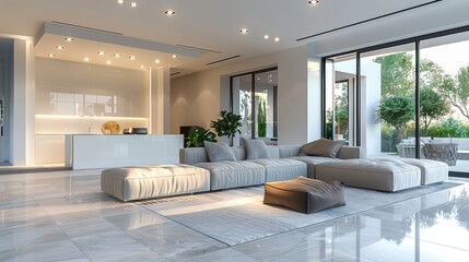 Modern smart home with light furniture and grey floor. Generative AI.