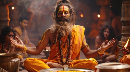 A sage in saffron robes meditates with closed eyes and serene expression, surrounded by followers in a dimly lit, sacred space.