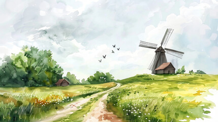 Fototapeta premium Artistic painting of rural countryside scene with traditional windmill
