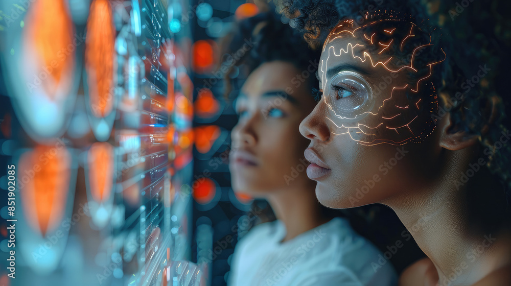 Poster a diverse group of people looking at a futuristic brainwave graphic on a screen, symbolizing curiosi