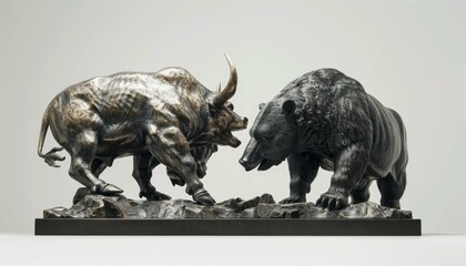 Sculptural representation bull and bear market forces, symbolizing financial optimism and pessimism