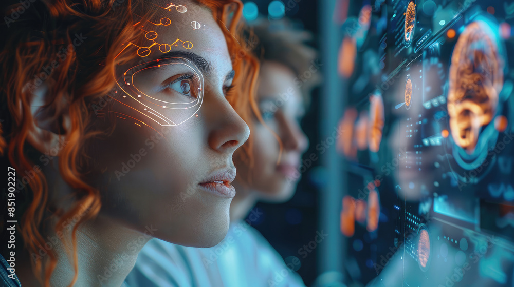 Poster A diverse group of people looking at a futuristic brainwave graphic on a screen, symbolizing curiosity and scientific exploration. Generative AI.