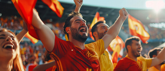 Spain football supporter fans cheering with confetti watching soccer match event at stadium - Young people group with red and yellow t-shirts having excited fun on sport european championship concept