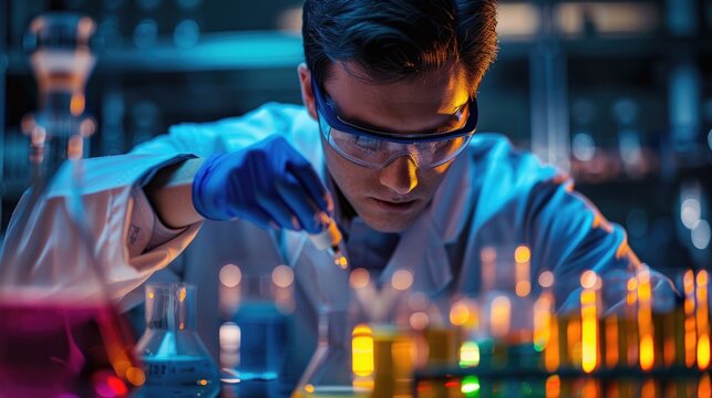 A scientist in a lab coat and goggles carefully pipettes liquid into a test tube, surrounded by various colorful chemical solutions.