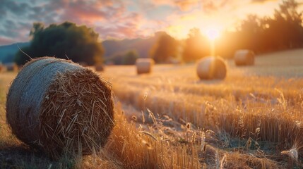 Closeup view of dry crop hay bale in farm land field