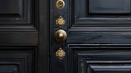 A black door with a gold handle