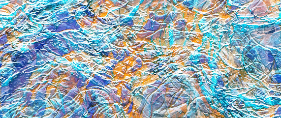 Colorful abstract vector art background with embossed stone texture. Gold and blue textured illustration. Color stucco for design interior. Abstract grunge template