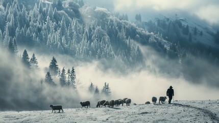 A herd of sheep with shepherd in countryside with scenic rural view in winter.