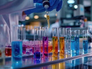 A scientist's gloved hand carefully dispenses liquid from a dropper into a row of test tubes filled with colorful solutions.