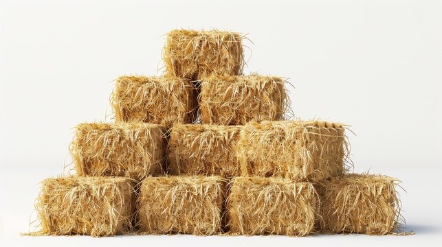 Closeup view of dry crop hay bale stack over white background isolated