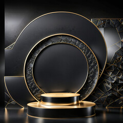 Empty Flat horizontal cylindrical product stand with product presentation space, one black round podium with geometric pattern on wall for Black Friday sale, Black Friday stage template