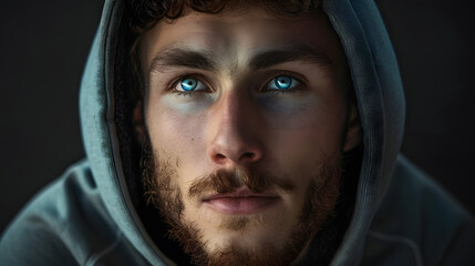 A man with a beard and blue eyes is wearing a hoodie. He is looking up at the camera