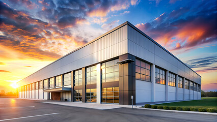 Obraz premium Modern Industrial Warehouse at Sunset
