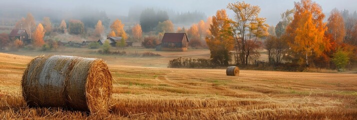 Closeup view of dry crop hay bale in farm land field in Autumn with beautiful foliage