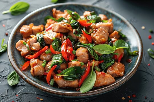 Thai pad ka prao, Stir fry pork with holy basil, rustic table, plain background. Generative AI.