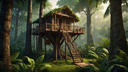 A small wooden house is surrounded by trees and has a sign on the tree