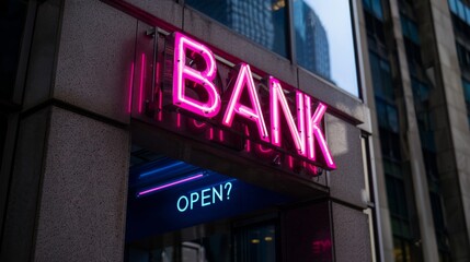 Obraz premium Modern bank building with glass facade and neon 