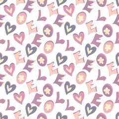 Seamless pattern with hearts and lettering