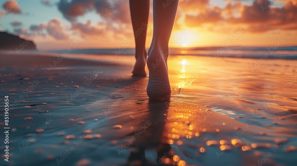 Wall mural low angle view of bare feet of a female walking on sandy beach at sunset - Wall murals