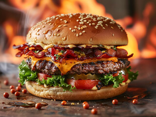 A burger with bacon, cheese, and tomato on a bun.