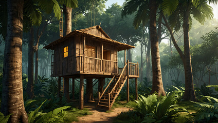 A small wooden house is surrounded by trees and has a sign on the tree