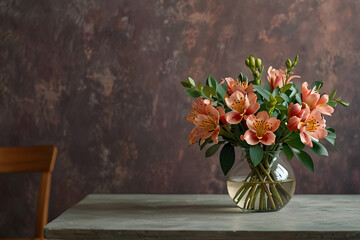 A vase of flowers sits on a wooden table