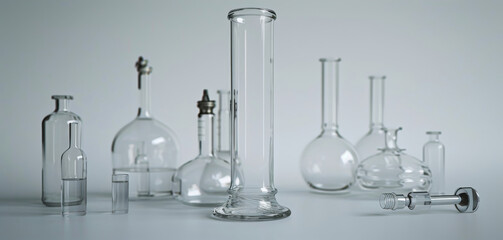 Experimental equipment, glass container, glass tube, horizontal view, white background. Generative AI.