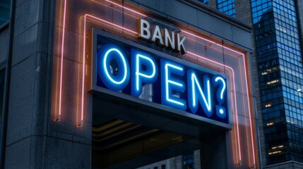 Obraz premium Modern bank building with glass facade and neon 