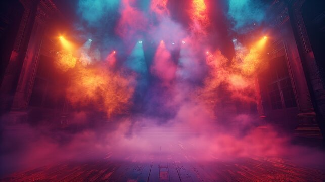 Empty stage with colorful lights and fog
