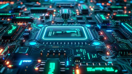 Obraz premium A high-tech background of glowing circuit boards and electronic components in neon blue and green