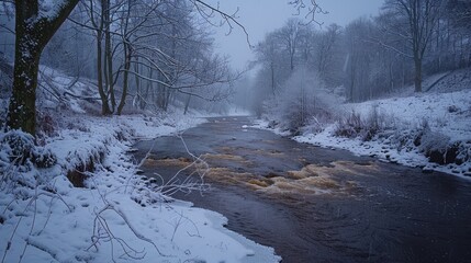 Fototapeta premium A serene river flows through a snow-covered forest, creating a winter wonderland scene. The trees are bare and the sky is overcast, adding to the sense of tranquility.