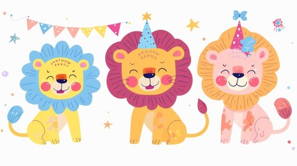 Naklejka premium Bright and cheerful kawaii style lions, each adorned with playful accessories like bows and hats, perfect for party invitations, on white