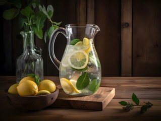 Fototapeta premium Fruit water in a glass pitcher flavored with lemon, lime, cucumber, and mint 