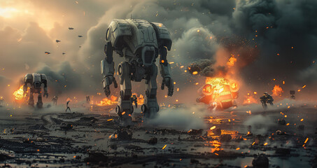 Futuristic battlefield with advanced robots in combat, dark clouds and fire. Generative AI.