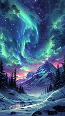 Fototapeta premium A mesmerizing background of the Northern Lights in vibrant greens and purples, illuminating a snowy landscape