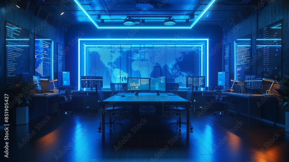 Leinwandbilder In an empty office there is a table with a computer. There are displays on the wall. On the displays there is text, chat, and graphics. Mysterious, dark blue background. Generative AI.