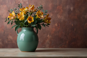A vase of flowers sits on a wooden table