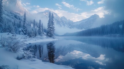 Obraz premium A serene winter landscape with snow-covered trees reflected in a calm lake under a blue sky.