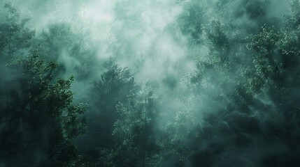 Obraz premium A mysterious background of a dense forest shrouded in thick, rolling fog with soft, diffused light