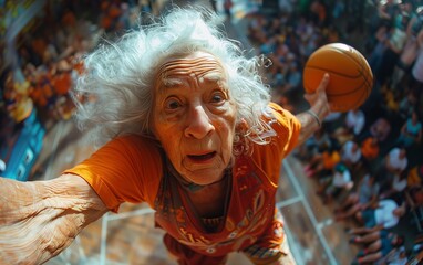 Senior woman soaring through the air with basketball at court